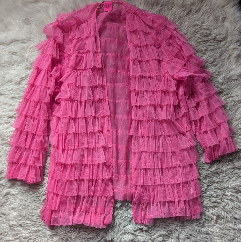 EUC Torrid x Betsey Johnson Pink Mesh Ruffle Tiered Kimono - Picture 4 of 16